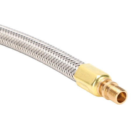 Rock Solid Heavy Duty 13 Inch Stainless Steel Tire Inflator Hose Adapter M8 Thread Braided Extension, close-up of brass fitting