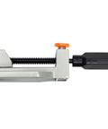 Solid Aluminum Drill Press Vise With Slick Quick Release Jaws For Tabletop Rig shown from side angle, features quick release jaws.