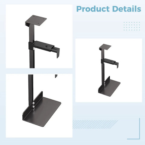 Tough As Nails Under Desk CPU Bracket in black steel showing adjustable clamp and base for securing desktop towers.