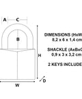 Diagram showing dimensions for two and three eighths inch solid brass padlock with five pin tumbler and one and one eighth inch shackle diameter eleven thirty second inch shackle keyed padlock compatible with K150BOX and Alco MIZ blanks.