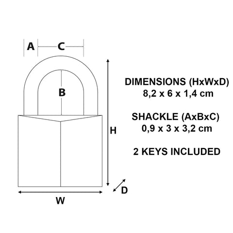 Diagram showing dimensions for two and three eighths inch solid brass padlock with five pin tumbler and one and one eighth inch shackle diameter eleven thirty second inch shackle keyed padlock compatible with K150BOX and Alco MIZ blanks.