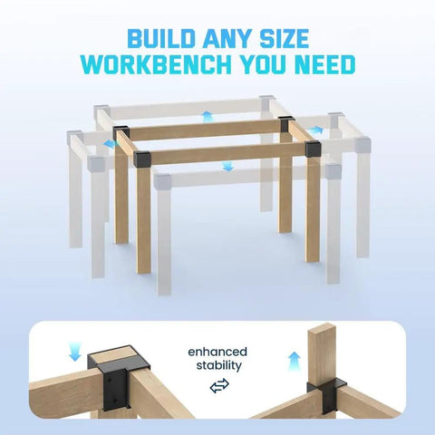 8 Pack Heavy Duty 2x4 Workbench Brackets Set, 3 Way Right Angle Corner Brackets in use for building adjustable workbench frames