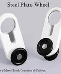 Steel plate wheel for curtain track with black roller, part of 1-meter track with 16 pulleys for ceiling-mounted system.