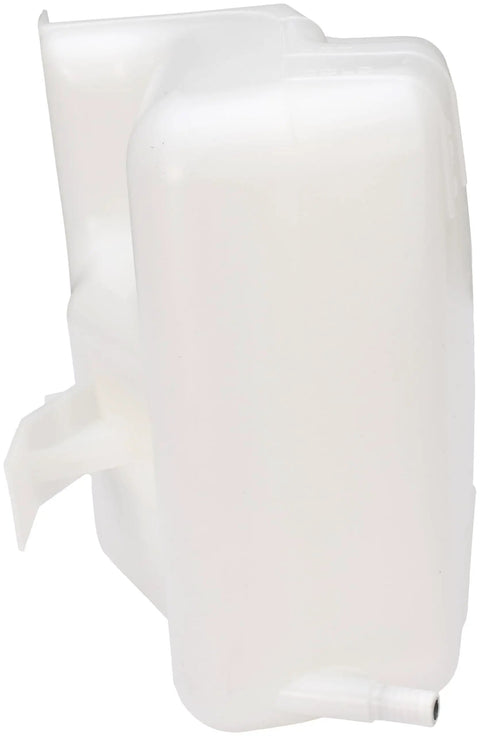 Side view of a non pressurized coolant reservoir with cap for Cadillac, Chevrolet, and GMC models plug and play direct replacement plastic tank.