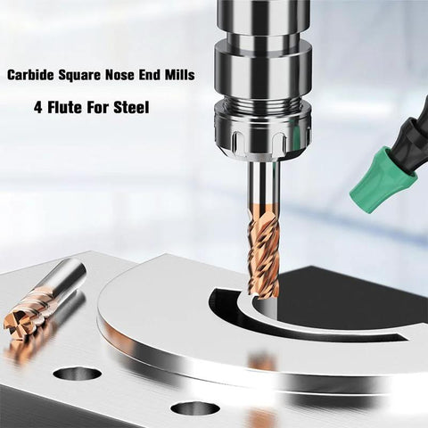 Carbide end mills set, 5 pcs, copper-gold coated bits installed in CNC spindle with spare mill on table