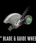 Close-up of 8-inch blade and guide wheel for Multi Head System Power Head With 8 Inch Lawn Edger Attachment And 12 Attachments For Versatile Yard Work Including Trimmer Hedge Trimmer Cultivator And More.