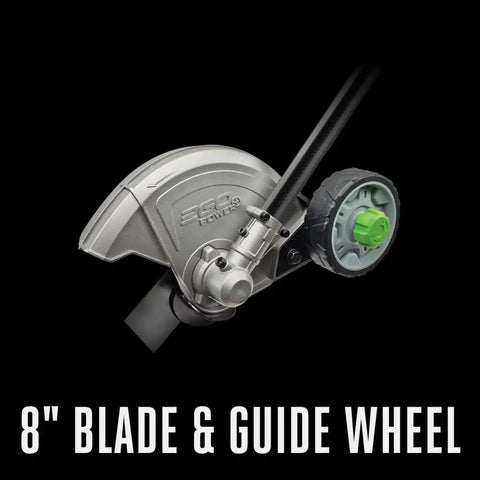 Close-up of 8-inch blade and guide wheel for Multi Head System Power Head With 8 Inch Lawn Edger Attachment And 12 Attachments For Versatile Yard Work Including Trimmer Hedge Trimmer Cultivator And More.
