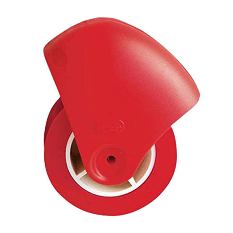 Red pastry wheel for pie crust cutting; side view, plastic wheel with white inner ring.