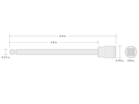 Technical diagram of Three Eighths Inch Drive Long Ball End Hex Bit Socket With Six Millimeter Bit Twenty Degree Angled Access Long Reach
