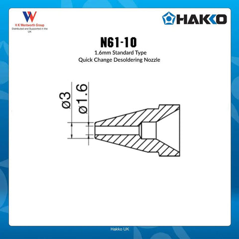 Technical diagram of N61-10 Desoldering Nozzle 1.6mm Quick Change Tip for FR Series Desoldering Tools with measurements