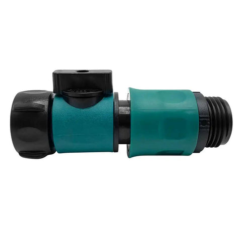 Garden Hose Quick Connect Set With Shutoff Valve Male And Female Three Quarter Inch Quick Connectors shown in side view.