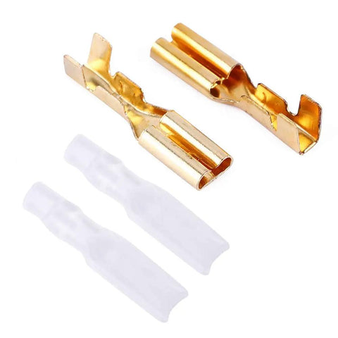 100 Pair Spade Wire Connectors Set With 2 8mm Gold Brass Crimp Terminals for automotive and speaker wiring, shown with sleeve.