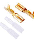 Close-up of 100 Pair Spade Wire Connectors Set With 2 8mm Gold Brass Crimp Terminals For Automotive And Speaker Wiring Plug And Play Diy Electrical