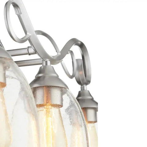 Powell Collection Four-Light Bathroom Vanity Fixture In Classic Nickel Finish with elegant glass shades, close-up view.