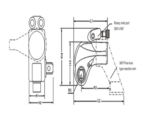 Pro Grade Hydraulic Torque Wrench With Electric Pump Square Drive Alloy Construction Built Tough For Tight Spaces No Sweat Torquing dimensions diagram.