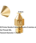 Close-up view of 3D printer nozzle, 0.4mm MK8 brass, for Ender 3 printers and CR10 series, showing M6 thread and 1.75mm filament fit.