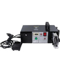 Pro Grade Electric Terminal Crimping Machine With Badass Multi Jaw Wire Cutting And Stripping Pliers For Automotive Electrical Projects, compact design, with display and foot pedal.