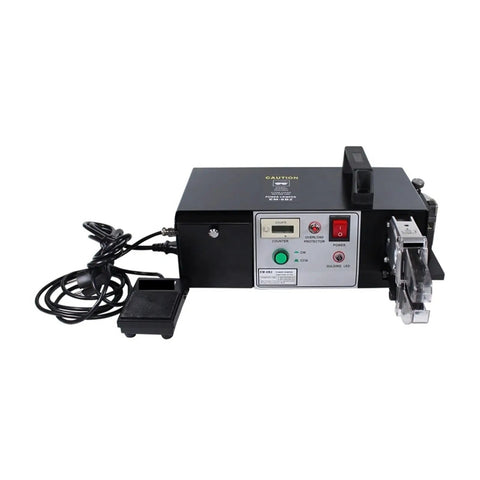 Pro Grade Electric Terminal Crimping Machine With Badass Multi Jaw Wire Cutting And Stripping Pliers For Automotive Electrical Projects, compact design, with display and foot pedal.