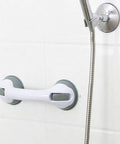 White grab bar with strong suction on shower wall, part of Two Pack Bathroom Grab Bars With Strong Suction For Showers And Tubs.