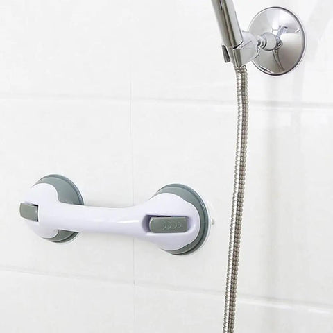 White grab bar with strong suction on shower wall, part of Two Pack Bathroom Grab Bars With Strong Suction For Showers And Tubs.