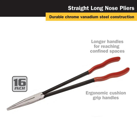 16 Inch Straight Long Nose Pliers With Long Reach For Tight Spaces, Serrated Jaw For A Strong Grip, 40CRV Satin Finish, Comfort Grip Handles