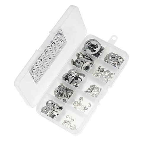 Pro Grade 304 Stainless Steel E Clip Washers Assortment Kit M1.5 To M10 Circlip Retaining Rings in plastic box open view