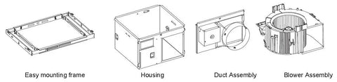 EZ Install Ultra Quiet Bathroom Exhaust Fan With LED Light, 120 CFM parts diagram showing frame, housing, duct, and blower assembly.