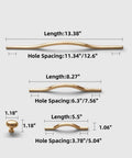 Dimensions of Golden Wave Shaped Cabinet Pulls Set Of 6 With Glossy Cupboard Drawer Knobs, various lengths and hole spacings.