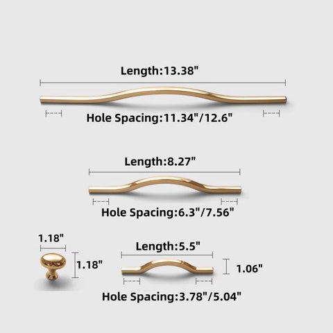 Dimensions of Golden Wave Shaped Cabinet Pulls Set Of 6 With Glossy Cupboard Drawer Knobs, various lengths and hole spacings.