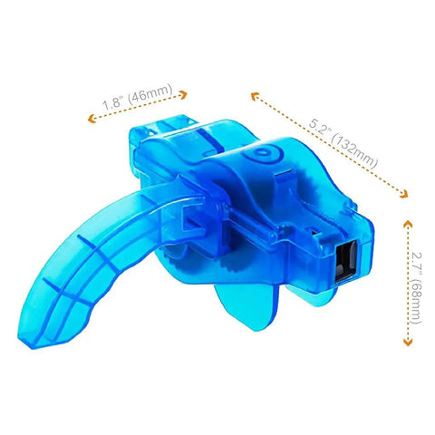 Ultimate Bike Chain Scrubber And Gear Cleaner Kit with blue heavy duty durable plastic construction with dimensions shown