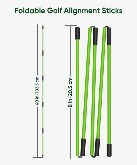 Foldable green alignment sticks, 40" collapsed to 8", part of Golf Alignment Sticks And Angle Holder Set With Portable Bag Swing Trainer