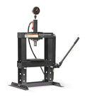 10 Ton Benchtop Hydraulic Press With Pressure Gauge, Compact Pro Shop Press in black steel, front view for auto repair, metalworking and DIY projects, heavy duty benchtop tool.