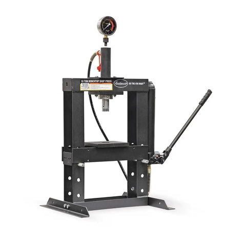 10 Ton Benchtop Hydraulic Press With Pressure Gauge, Compact Pro Shop Press in black steel, front view for auto repair, metalworking and DIY projects, heavy duty benchtop tool.