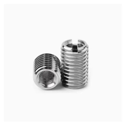 M10 Slotted Self Tapping Thread Insert Adapter Nuts Double Sided For Metal Wood Plastic Fastening No Pre Drill Versatile Conversion Pack Of 2 Or 3 Pieces Easy Install Heavy Duty Hardware Set - close-up of two metallic thread inserts.