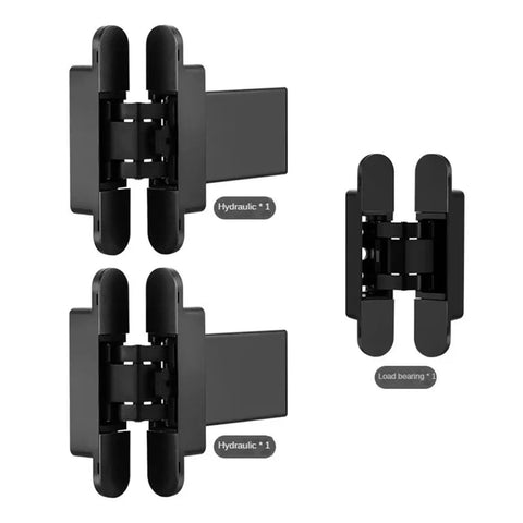 Premium Industrial Heavy Duty Built Tough Hydraulic Self Closing Concealed Door Hinge With Silent Buffer, black finish, detailed view.