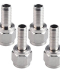 Two Pair Hose Swivel Nut Barb Fittings With Three Sixteenths And Five Sixteenths Inch Barbs Stainless Steel One Quarter Inch MFL Quick Disconnects For Home Brewing Keg Systems Liquid And Gas Quick Disconnects, four fittings