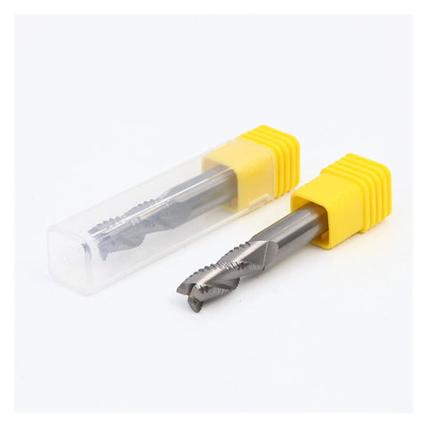 Two carbide end mills, 14x100mm, 3-flute roughing cutter, with yellow protective sleeves in a clear case