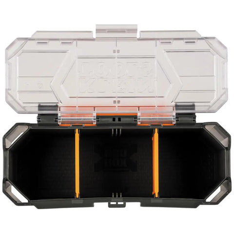 MODbox Parts Bin Rail Attachment with clear lid and dividers for a modular tool storage system.