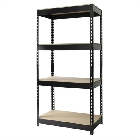 Straight Up Heavy Duty Riveted Metal Shelving Four Shelf Storage Rack Set In Matte Black Steel Garage Organization Unit Built Like A Tank For Any Real Workshop Project