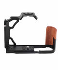 Wood Handle Metal Camera Cage for ZFC With Vertical Rig Design Cold Shoe Mount And Multiple One Quarter Inch And Three Eighths Inch Screw Holes For Attaching Top Handles Monitors And Tripods