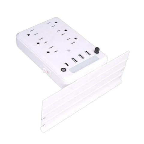 Smart Wall Outlet Extender With Six Power Receptacles And Four USB Ports Including Type C Charging Built In Storage Shelf Dimmable Night Light Zero Hassle Top Shelf Power Strip For Home Office Dorm side angle view