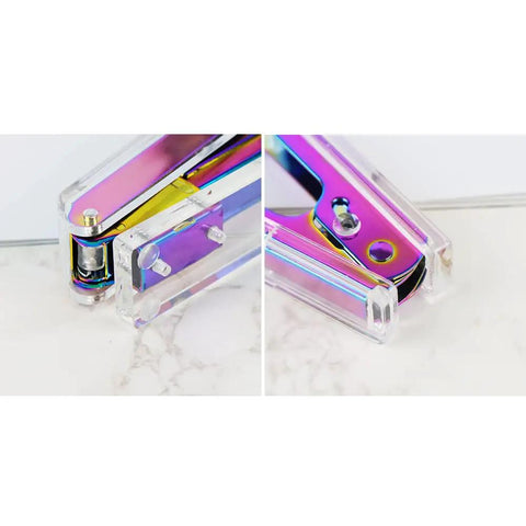 Close-up of Clear Rainbow Acrylic Stapler And Staples Remover Set For Your Desk Stainless Steel Rod Sleek Executive Style.