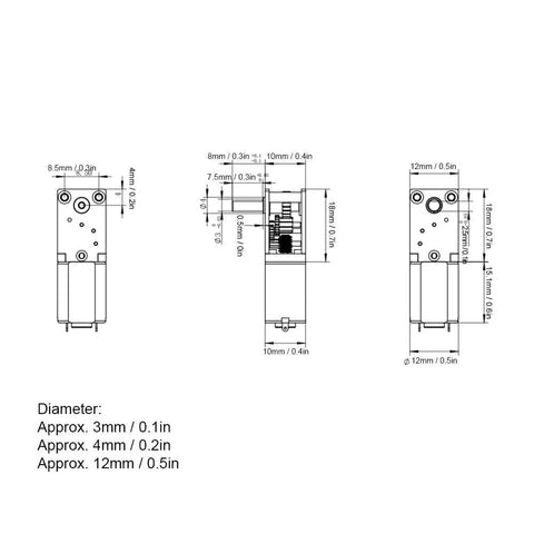 Technical diagram of Geared DC Motor 1218GE N20 3V 30 RPM Micro Metal Gear Motor with dimensions listed