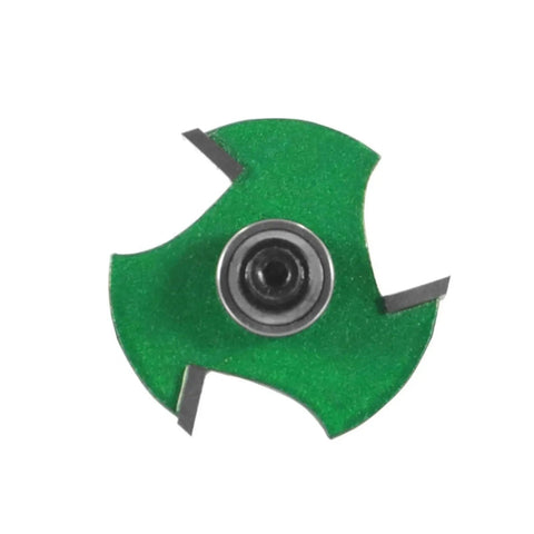 Green Z3 8mm Bearing Slot Router Bit With Three Carbide Teeth for Fast Cutting And Smooth Edging On Drawer Slides And Hardware Profiles, top view