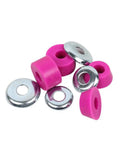 Skateboard Truck Bushings Set Worlds Best Cushions Ultra Hard 96A Standard Cylinder Shape, pink and silver components displayed