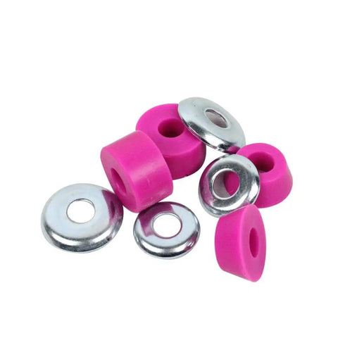 Skateboard Truck Bushings Set Worlds Best Cushions Ultra Hard 96A Standard Cylinder Shape, pink and silver components displayed