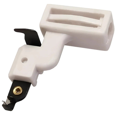 Needle Threader For Sewing Machines With Metal Guide For Quick Threading, Long Straight Handle, No Fuss Compact Tool For Home Sewing Kits, Easy Grip Design For Quick, Smooth Needle Entry, Works With Most Machines, white plastic and metal close-up