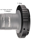 M42 T Ring Adapter For Nikon DSLR Cameras With Beefy Aluminum Build And Smooth Oxide Finish, shown with T-adapter
