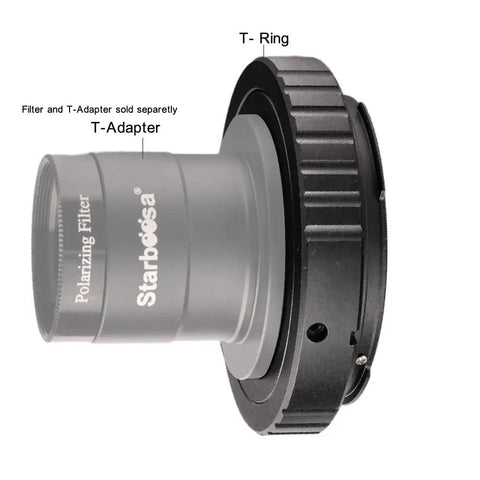 M42 T Ring Adapter For Nikon DSLR Cameras With Beefy Aluminum Build And Smooth Oxide Finish, shown with T-adapter