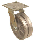 Tough As Nails Pro Grade V Groove Track Wheel Swivel Plate Caster featuring Four Inch Cast Iron Wheels and Seven Hundred Pound Load Rating for Smooth Garden Cart Rolling, showing a steel swivel plate and heavy-duty cast iron wheel.